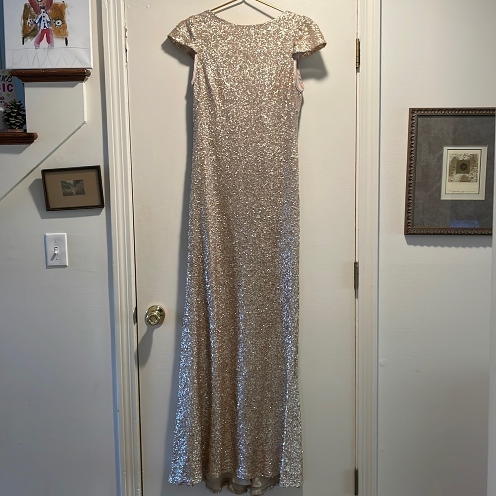 Sorella Vita Gold Sequin Cap Sleeve Gown Draped Back Cup Sleeves Gorgeous